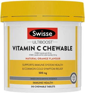 Swisse Ultiboost Vitamin C 500mg Chewable Tablets for immune support, antioxidant protection & collagen production