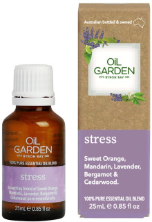Oil Garden Stress Essential Blend Oil - the calming effects of Sweet Orange, Mandarin, Lavender, Bergamot & Cedarwood essential oils are natural sedatives during times of stress to help relieve nervous tension, headaches, fatigue & anxiety, providing a sense of calm & comfort