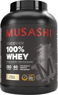 Musashi 100% Whey Vanilla 2kg protein powder with Whey Protein Concentrate & Isolate, BCAAs & digestive enzyme for muscle growth & recovery