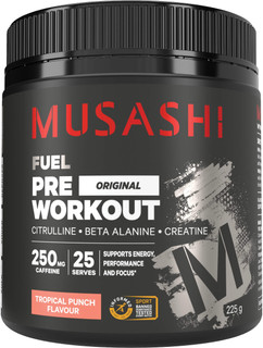 Musashi Fuel Pre-Workout Energy & Performance Tropical Punch is high potency with BCAAs designed to challenge your training and workouts - ON SALE!