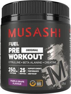 Musashi Pre-Workout Purple Grape 225g with Citrulline, Beta-Alanine, Creatine, BCAAs, Caffeine & Tyrosine for energy, focus & exercise performance