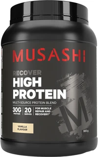 Musashi High Protein Vanilla 900g with 30g protein per serve from Whey Protein Concentrate, Whey Protein Isolate & Milk Protein Solids for muscle recovery
