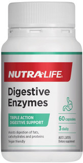 Nutra-Life Digestive Enzymes triple action formula to support the body in breaking down fats, carbohydrates and proteins, as well as the lactose in dairy
