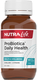 Nutra-life Probiotica Daily Health one-a-day probiotic formula contains two researched strains of friendly bacteria which supports immunity, digestion and the absorption of nutrients