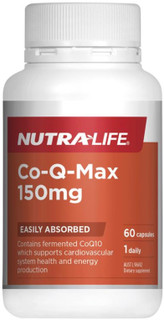 Nutra-life Co-Q-Max heart health Co-Enzyme Q10 formula that supports the health of the heart, circulation, blood pressure, cholesterol and energy production