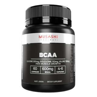 Musashi BCAA Muscle Recovery capsules contain a specific blend of Branched Chain Amino Acids - BCAAs (L-Leucine, L-Valine and L-Isoleucine). BCAA's cannot be produced by the body