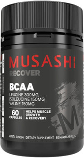 Musashi Recover BCAA Muscle Recovery capsules contain a specific blend of Branched Chain Amino Acids - BCAAs (L-Leucine, L-Valine and L-Isoleucine). BCAA's cannot be produced by the body