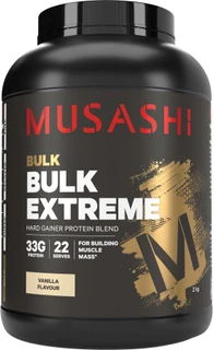 Musashi Bulk Extreme Vanilla 2kg high-calorie mass gainer with Whey Protein, carbohydrates & MCTs to support muscle mass, strength & growth