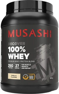 Musashi 100% Whey Vanilla 900g protein powder with Whey Protein Concentrate & Isolate, BCAAs & digestive enzyme for muscle growth & recovery