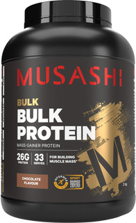 Musashi Bulk Protein Chocolate for body builders and athletes looking to maximise muscle growth and replenish glycogen stores providing protein to build muscle mass