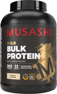 Musashi Bulk Protein Vanilla for body builders and athletes looking to maximise muscle growth and replenish glycogen stores providing protein to build muscle mass