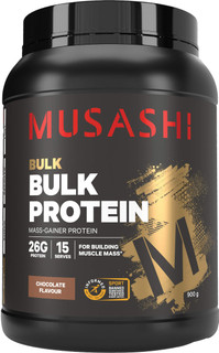 Musashi Bulk Protein Chocolate for body builders and athletes looking to maximise muscle growth and replenish glycogen stores providing protein to build muscle mass