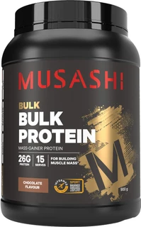 Musashi Bulk Protein Chocolate 900g with Whey Protein, carbohydrates, vitamins, minerals, EAAs & BCAAs for muscle growth, repair & recovery