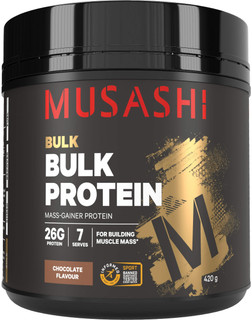 Musashi Bulk Protein Chocolate for body builders and athletes looking to maximise muscle growth and replenish glycogen stores providing protein to build muscle mass