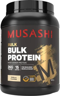 Musashi Bulk Protein Vanilla 900g with Whey Protein, carbohydrates, vitamins, minerals, EAAs & BCAAs for muscle growth, repair & recovery