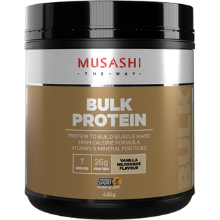 Musashi Bulk Protein Vanilla for body builders and athletes looking to maximise muscle growth and replenish glycogen stores providing protein to build muscle mass