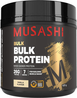 Musashi Bulk Protein Vanilla for body builders and athletes looking to maximise muscle growth and replenish glycogen stores providing protein to build muscle mass