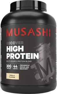 Musashi High Protein Vanilla 2kg with 30g protein per serve from Whey Protein Concentrate, Whey Protein Isolate & Milk Protein Solids for muscle recovery