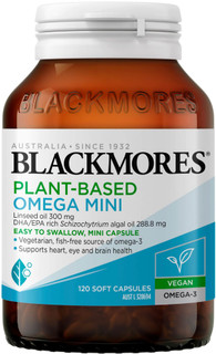 Blackmores Plant-Based Omega Mini supports heart, eye & brain health with Linseed Oil & Schizochytrium Algal Oil to deliver 315 mg total omega-3 including EPA & DHA