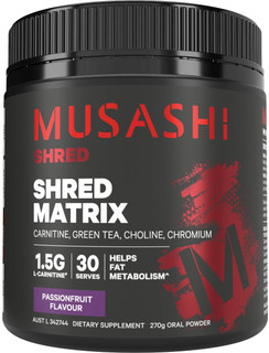 Musashi Shred Matrix Passionfruit with carnitine, chromium and green tea supports fat metabolism and energy production