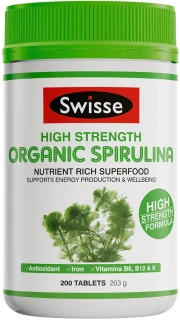Swisse Ultiboost High Strength Organic Spirulina 200 Tabs with Chlorophyll, Iron, B Vitamins, Vitamin K, Selenium & antioxidants