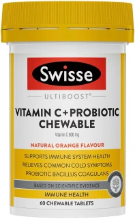 Swisse Ultiboost Vitamin C + Probiotic Chewable combines Vitamin C with Bacillus Coagulans to support immune & digestive wellbeing