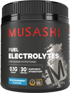 Musashi Electrolytes Blue Raspberry 300g low sugar electrolyte powder with Sodium, Potassium, Magnesium, Calcium, Chloride & Glutamine for hydration & muscle function
