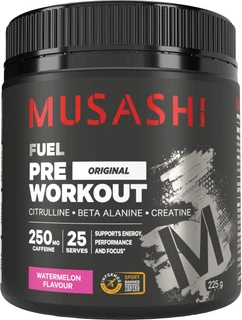 Musashi Pre-Workout Watermelon 225g with Citrulline, Beta-Alanine, Creatine, BCAAs, Caffeine & Tyrosine for energy, focus & exercise performance