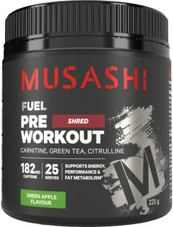 Musashi Fuel Pre-Workout Shred Green Apple fat metabolism, energy support + tiredness & fatigue reduction supports your sports nutrition needs as a pre-workout catalyst
