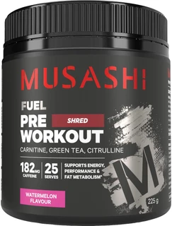 Musashi Pre-Workout Shred Watermelon 225g with Citrulline, Beta-Alanine, Acetyl L-Carnitine, Caffeine, Green Coffee & Green Tea Extract for energy & exercise performance