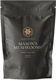 SuperFeast Mason’s Mushrooms 250g powdered extract featuring 8 wood-grown medicinal mushrooms for digestive health, immunity and sustained energy