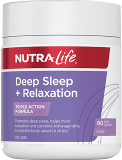 Nutra-life Deep Sleep + Relaxation triple action Valerian, Ashwagandha & Hops herbal formula for a good night's sleep Nutra-life Deep Sleep + Relaxation triple action Valerian, Ashwagandha & Hops herbal formula for a good night's sleep