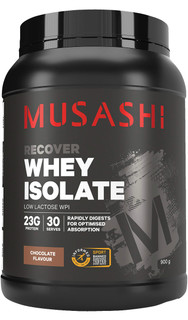 Musashi Whey Isolate Chocolate 900g with ultra-filtered low-carb Whey Protein Isolate & naturally occurring BCAAs for post-exercise muscle recovery