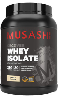 Musashi Whey Isolate Vanilla 900g with 95% Whey Protein Isolate, naturally occurring BCAAs & low carbohydrate content for post-exercise muscle recovery