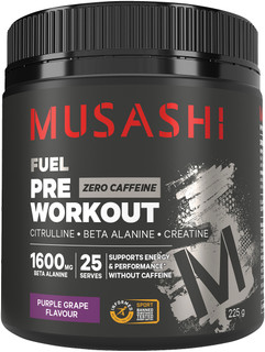 Musashi Pre-Workout Zero Caffeine Purple Grape 225g with Creatine, Citrulline, Beta-Alanine, BCAAs & Tyrosine for energy & exercise performance