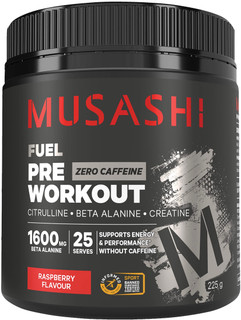 Musashi Fuel Pre-Workout Zero Caffeine Raspberry supports energy & performance during high intensity training without caffeine with Creatine, Citrulline & Beta Alanine Musashi Fuel Pre-Workout Zero Caffeine Raspberry supports energy & performance during high intensity training without caffeine with Creatine, Citrulline & Beta Alanine