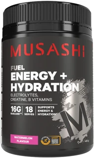 Musashi Energy + Hydration Watermelon 450g with low-sugar SusCarb, 5 electrolytes, Creatine, Magnesium & Vitamins B6 & B12 for energy, hydration & muscle function