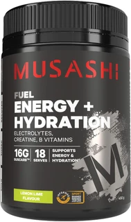 Musashi Energy + Hydration Lemon Lime 450g with low-sugar SusCarb, 5 electrolytes, Creatine, Magnesium & Vitamins B6 & B12 for energy, hydration & muscle function