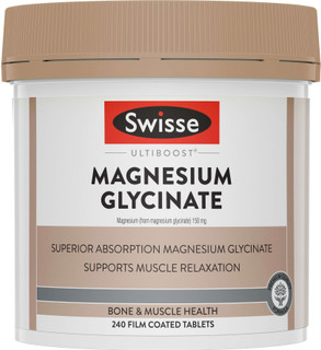 Swisse Ultiboost Magnesium Glycinate supports muscle relaxation, nervous system balance & a healthy stress response with Magnesium from magnesium glycinate for improved absorption & gentle digestion