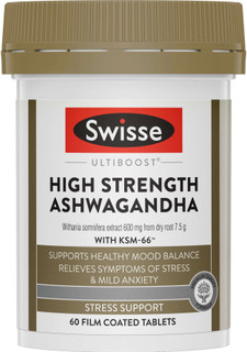 Swisse Ultiboost High Strength Ashwagandha supports stress relief, emotional balance & sleep quality with high-strength Ashwagandha extract to calm anxiety & promote wellbeing