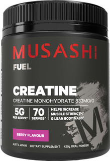 Musashi Creatine Berry 420g with 5g Creatine Monohydrate per serve to support energy production, muscle strength & lean body mass