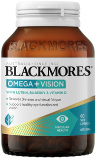 Blackmores Omega + Vision supports eye health, macula function & visual clarity with DHA from Algae Oil, Lutein, Zeaxanthin, Bilberry & Vitamin D to relieve dry eyes & reduce screen fatigue