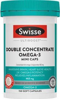 Swisse Ultiboost Double Concentrate Omega-3 supports brain, heart & eye health with concentrated EPA & DHA in easy-to-swallow odourless mini caps