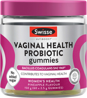 Swisse Ultiboost Vaginal Health Probiotic Gummies support daily vaginal health with Bacillus Coagulans probiotic & prebiotic FOS