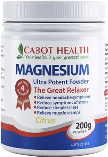 Cabot Health Magnesium Ultra Potent Citrus 200g Powder with 400mg elemental Magnesium per teaspoon
