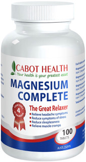 Cabot Health Magnesium Complete is a combination of four magnesium compounds to supplement inadequate dietary intake of this important mineral. Magnesium Complete can be used to relieve muscular cramps and spasms, and nervous tension, stress