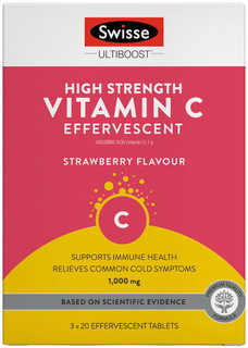 Swisse Ultiboost Effervescent High Strength Vitamin C 1000mg reduces the severity and duration of colds and support the body’s normal  resistance to cold and flu