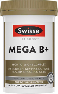 Swisse Mega B + supports the body during times of stress, assists energy release and maintains general wellbeing