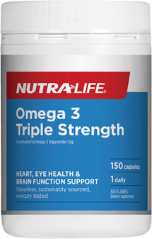 Nutra-life Omega 3 Triple Strength natural fish oil supports joint, brain and cardiovascular health.