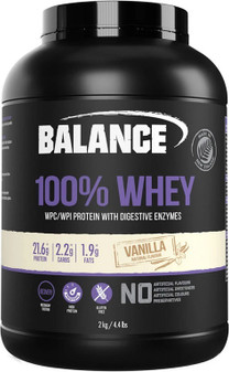 Balance Sports Nutrition 100% Whey Vanilla is a high protein, gluten free blend with added digestive enzymes to meet the heavy demands of training whether your priority is building lean muscle, improving recovery or both